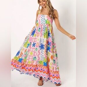 Paper Heart Maxi Dress Sz Small Graphic Colorful Print Sundress Boho Artsy